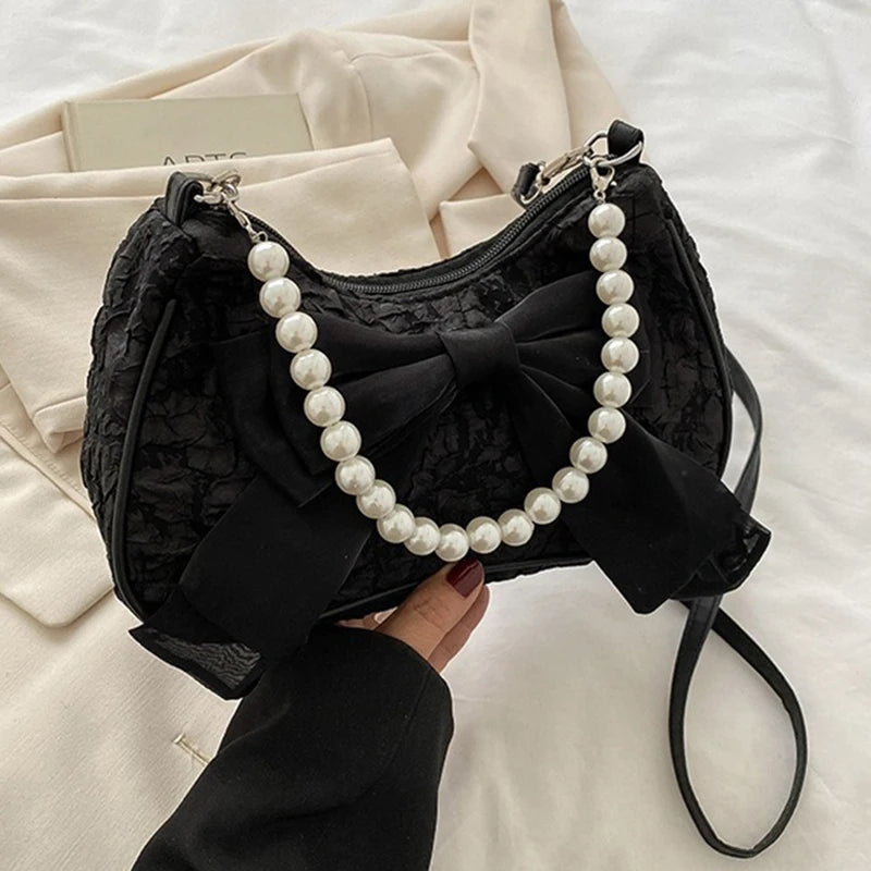 White Folds Pearl Female Bag Retro Luxury Designer Handbag Bow Crossbody Bags Fashion Y2K Vintage Women's Shoulder Bag Purses