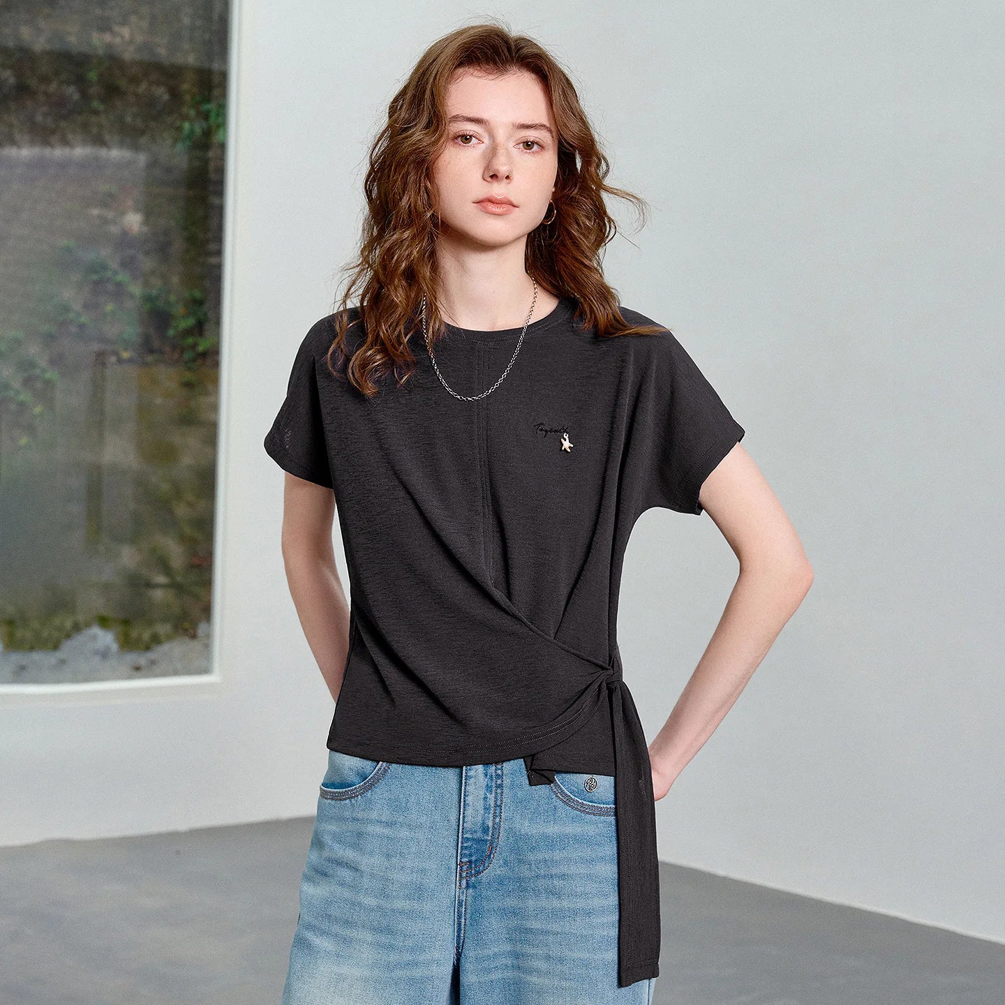 TOYOUTH Women's Asymmetric Wrap Tie T-Shirt 2026 Summer New Long Sleeve Starfish Print Loose Pullover Top