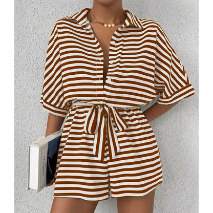 Women One Piece Short Sleeve Striped Overalls Shorts Pants Elastic Waist Turn Down Collar Rompers