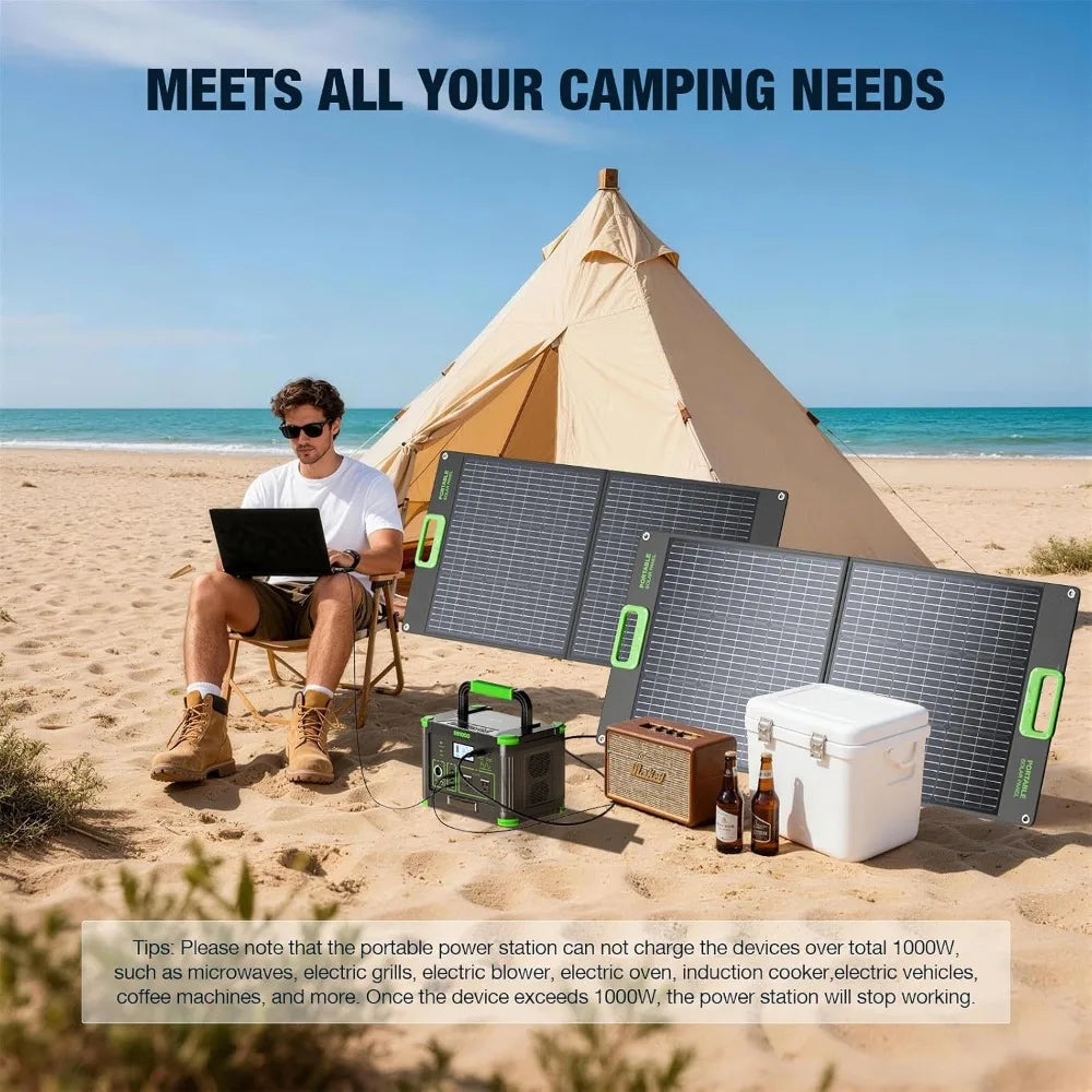 999Wh Lithium Portable Power Station,1000W 60W PD Output,2x100W Solar Panels Matched Generator Set, Custom