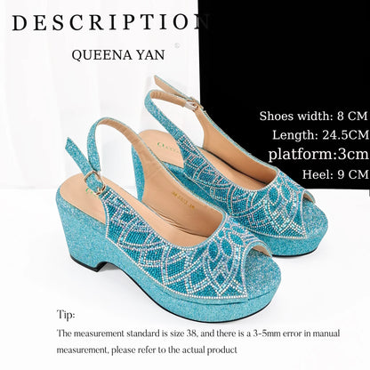 Queena Yan Sky Blue Elegant Nigerian Rhinestone Wedding Shoe and Bag Set Italian Inspired High Heels and Matching Handbag