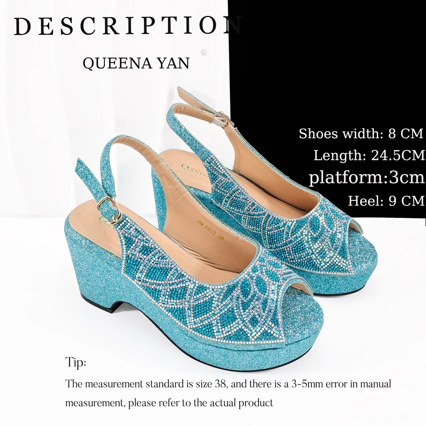 Queena Yan Sky Blue Elegant Nigerian Rhinestone Wedding Shoe and Bag Set Italian Inspired High Heels and Matching Handbag