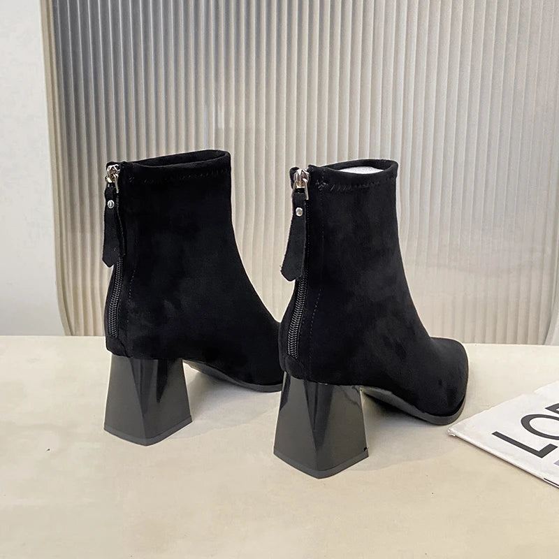 Winter Women Thick Heel Ankle Boots Fashion Pointed Toe Mordern Short Booties Street Style Party Stripper Female Shoes