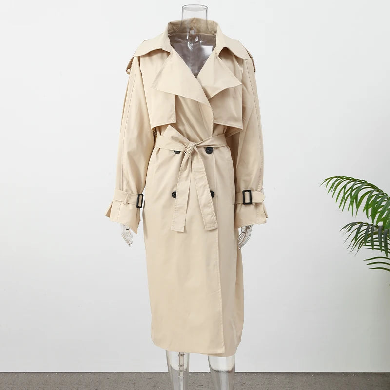 Women Khaki Long Color-block Stripe Trench Coat Wide Lapel Loose Drop Shoulder Blue Lining Slit Windbreaker Commute Outing Coats