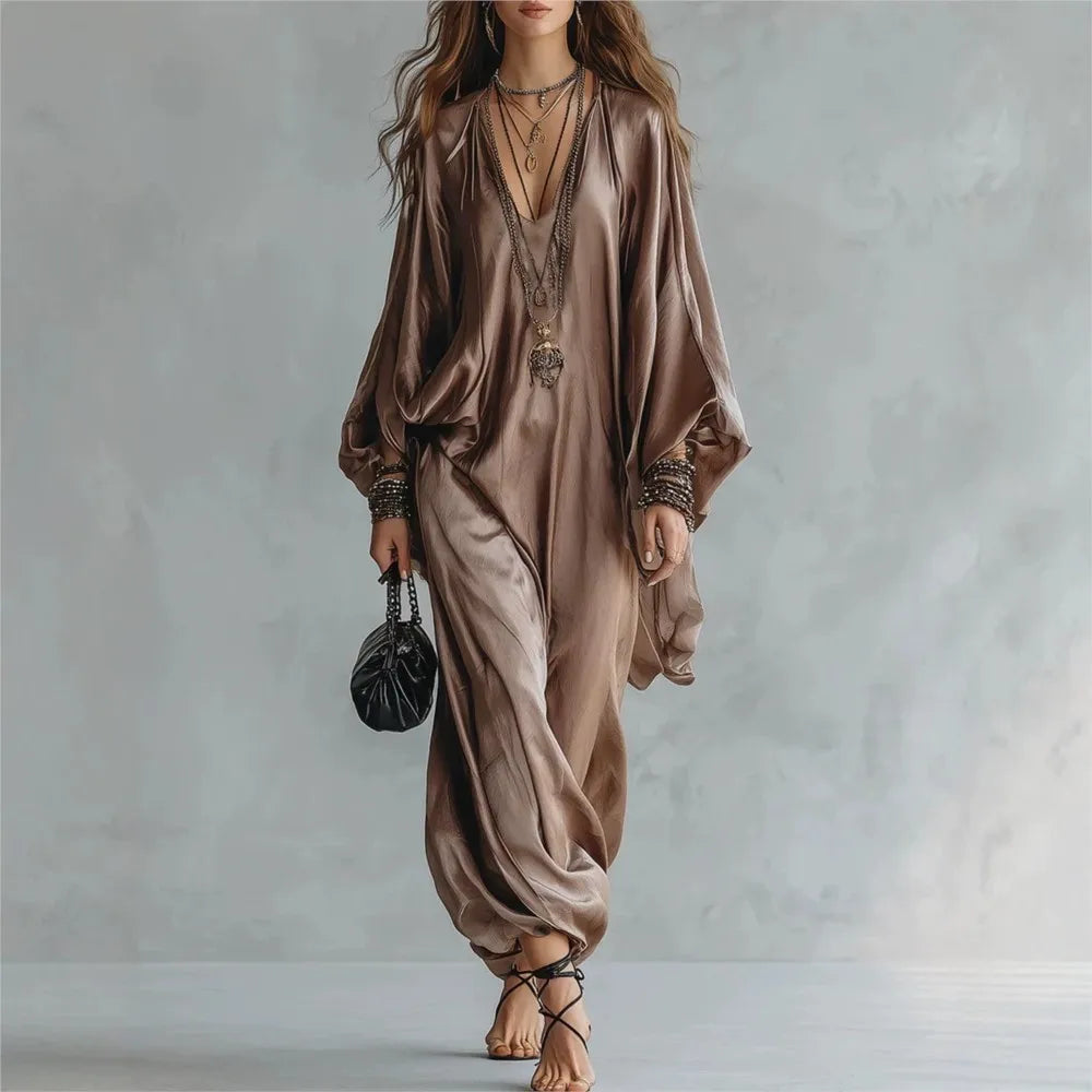 New Spring Autumn Solid V Neck Batwing Sleeve Loose Jumpsuit Women Fashion Satin Wide Leg Pants Jumpsuits Casual Holiday Rompers