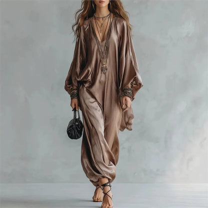 New Spring Autumn Solid V Neck Batwing Sleeve Loose Jumpsuit Women Fashion Satin Wide Leg Pants Jumpsuits Casual Holiday Rompers