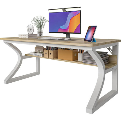 Computer Desk, 55x24 in Computer Desk, Office Desk w/Storage & U-Size Metal Frame for Home Office Bedroom Gaming, Office Desk w/Water-Resistant, Scratchproof Surface, Light Walnut
