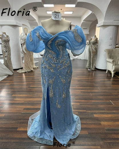 Floria Blue Mermaid Evening Dress Sparkly Crystal Beaded 3D Off Shoulder Wrap Formal Party Gown Prom Dresses Women Customized