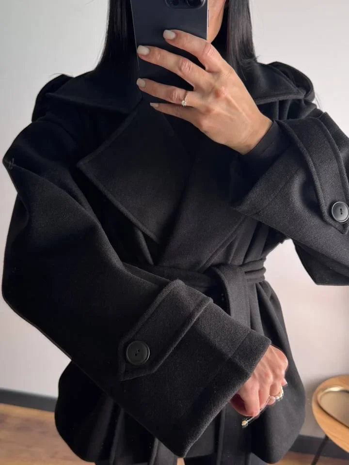 Women Short Wool Blend Trench Coat Lapel Collar Belted Waist Wrap Long Sleeve Loose Overcoat Casual Autumn Winter Lady Jackets
