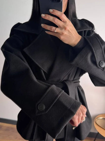 Women Short Wool Blend Trench Coat Lapel Collar Belted Waist Wrap Long Sleeve Loose Overcoat Casual Autumn Winter Lady Jackets