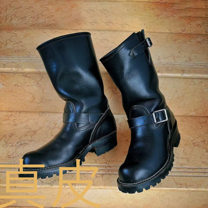Handmade Work Boots Men and Women Engineer Mid-Calf Retro Motorcycle Boot Faded Mid-Calf Boot Khaki Black Suede Knight Boots