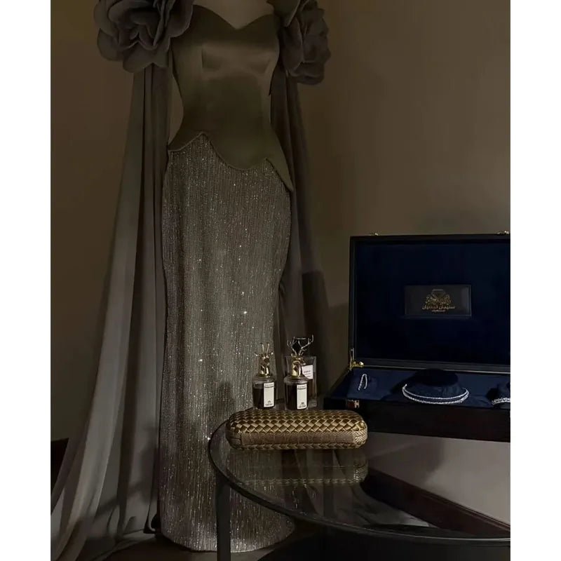 EVS Customized Off Shoulder Gray Evening Dresses Chic Mermaid Prom Dress 2026 Glitter Floor-Length Wedding Party Formal Gowns