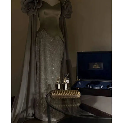 EVS Customized Off Shoulder Gray Evening Dresses Chic Mermaid Prom Dress 2026 Glitter Floor-Length Wedding Party Formal Gowns