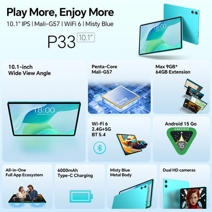 Teclast P33Case 10.1" Tablet Android 15 9GB(3+6GB) RAM 64GB ROM Allwinner A333 P33 Case/Keyboard/Mouse/Stylus/Headphone 6000mAh