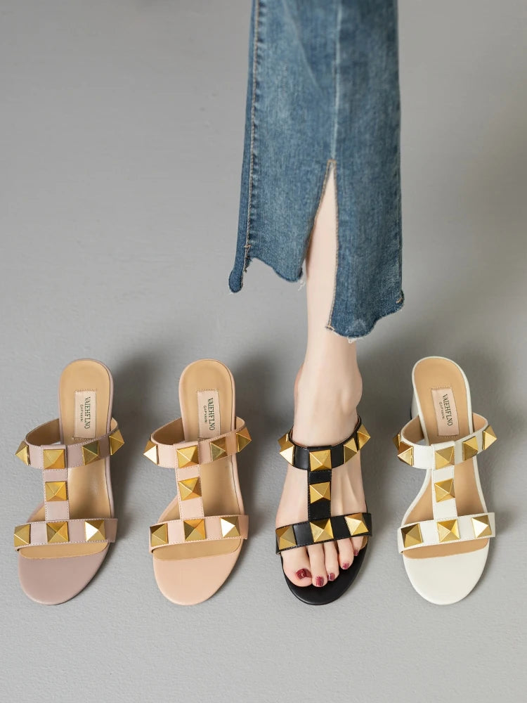 Women's Sandals Summer Gladiator Heeled Sandals Luxury Heeled Slippers Rivets Open Toe High Heels Elegant Ladies Shoes Women