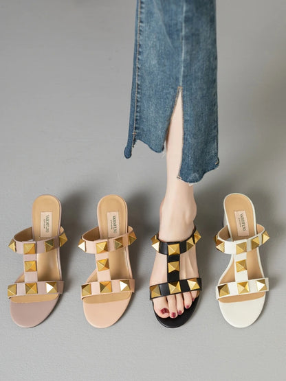 Women's Sandals Summer Gladiator Heeled Sandals Luxury Heeled Slippers Rivets Open Toe High Heels Elegant Ladies Shoes Women