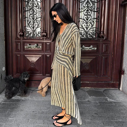 Multicolor Striped Shirt 2 Picec Set Button Front Blouse High Waist Flared Hem Maxi Skirt 2026 Summer Elegant Lady Vacation Suit