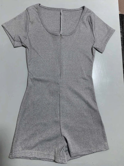 Womens Playsuits Yoga Low Neck Slim Fit Short Sleeve Jumpsuits Stretch One Piece Romper Sexy Fitness Female Sportwears Zipper