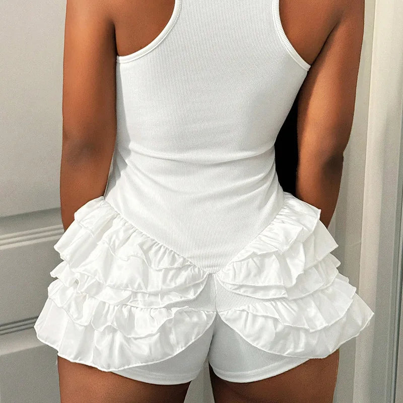 Solid Color Hot Girl Slim Sleeveless Short Jumpsuits Fashion Folds Fungus Side Package Hip Bodycon Shorts Jumpsuit Female Summer