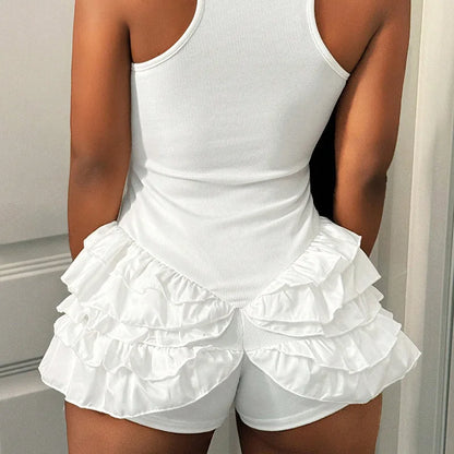 Solid Color Hot Girl Slim Sleeveless Short Jumpsuits Fashion Folds Fungus Side Package Hip Bodycon Shorts Jumpsuit Female Summer