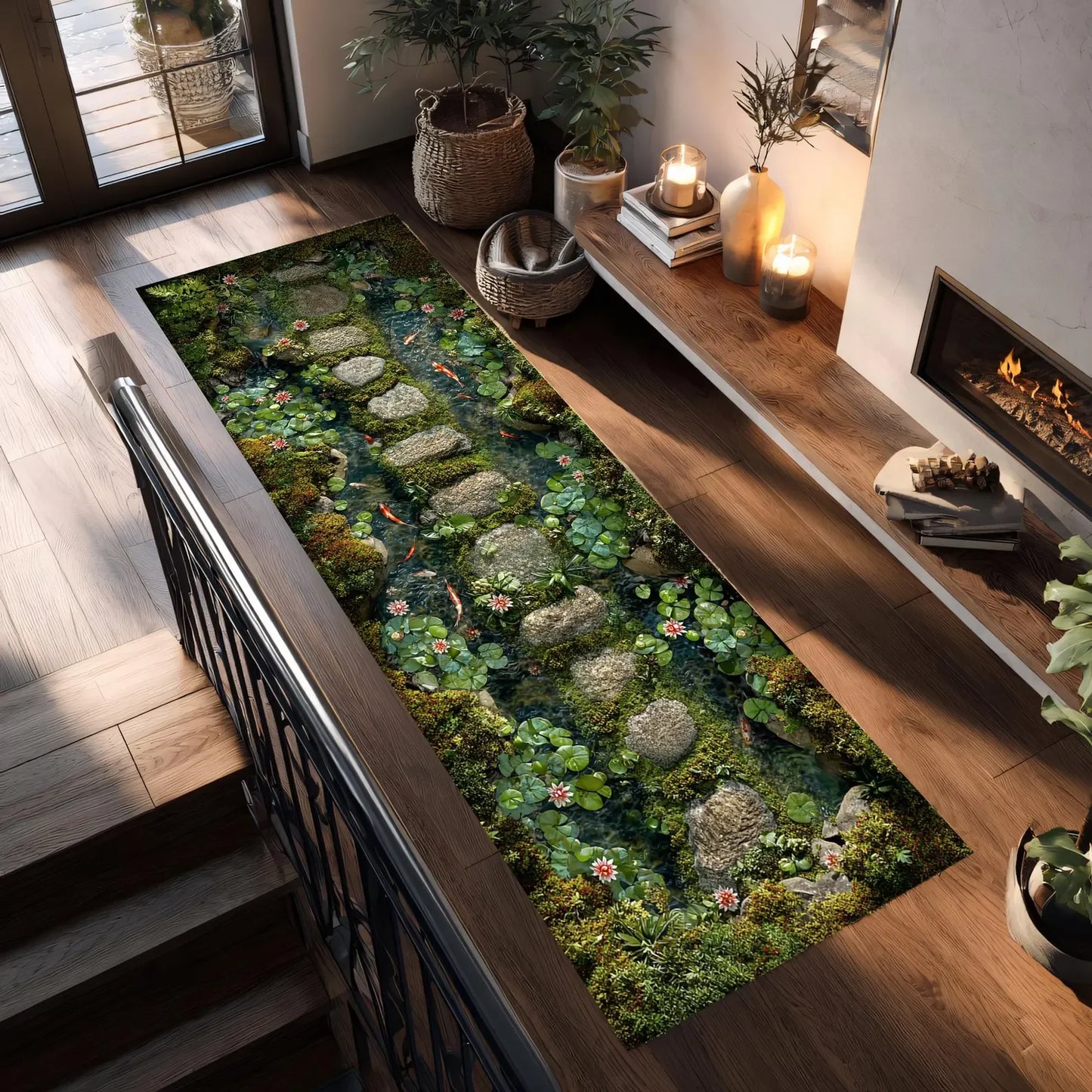 3D Koi Fish Them Pond Runner Rug Non Slip Carpet for Hallway Living Room Bedroom  Kitchen Laundry Room Entryway Door Home Decor