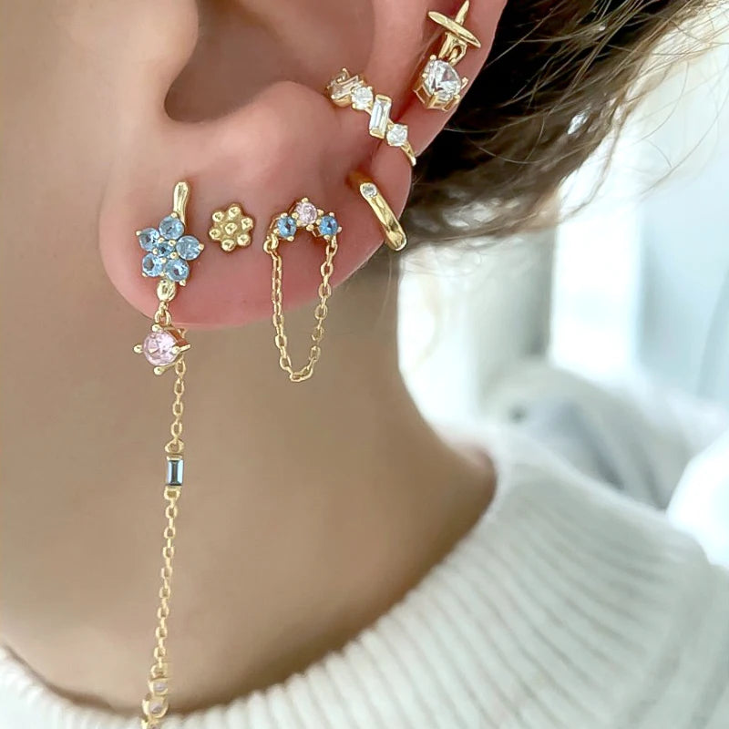925 Sterling Silver Needle Light Blue Zircon Stud Earrings for Women Fashion Blue Enamel Pendant Earrings Luxury Jewelry Gifts