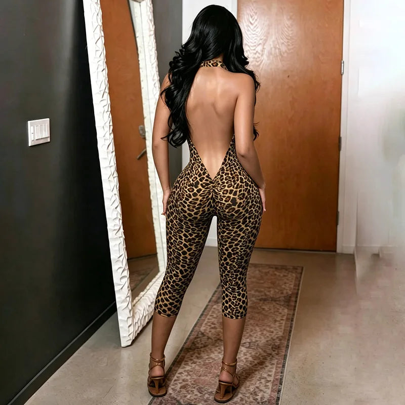 New Fashion Sexy Leopard Print Halter One-piece Jumpsuit Rompers Women Summer Backless Daily Outfit Playsuit Women Sleeveless