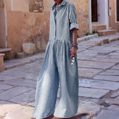 Plus Size 5XL VONDA Vintage Jumpsuits Women Elegant Plaid Long Overalls Fashion 3/4 Sleeve Casual Playsuits Streetwear Pants