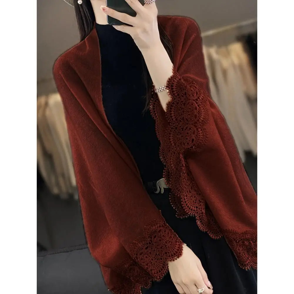 Fashion Women Wool Knitted Shawl Skin Friendly Breathable Lace Edge Scarf Spring Autumn Luxury Brand Design Cloak Shawl