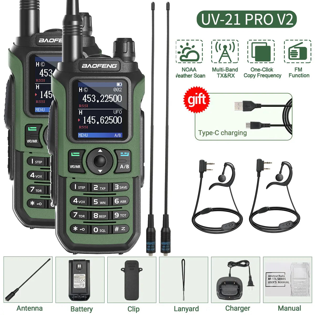 2PCS Baofeng UV-21 Pro Walkie Talkie Multi Band Wireless Copy Frequency Long Range 999CH AM High Power UV 5R K6 5RH Ham Radio