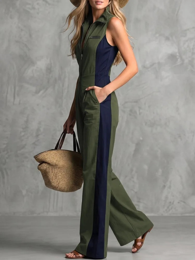 UOOZEE Women's Fashion Contrast Color Pockets Zipper Lapel Jumpsuits 2026 New Summer Sleeveless Wide Leg Casual Office Overalls