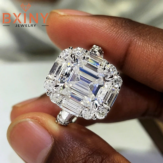 BXINY Luxury 9cttw Emerald Cut Full Moissanite Ring Pure S925 Silver for Women GRA Certified Diamonds Wedding Band Gifts Jewelry