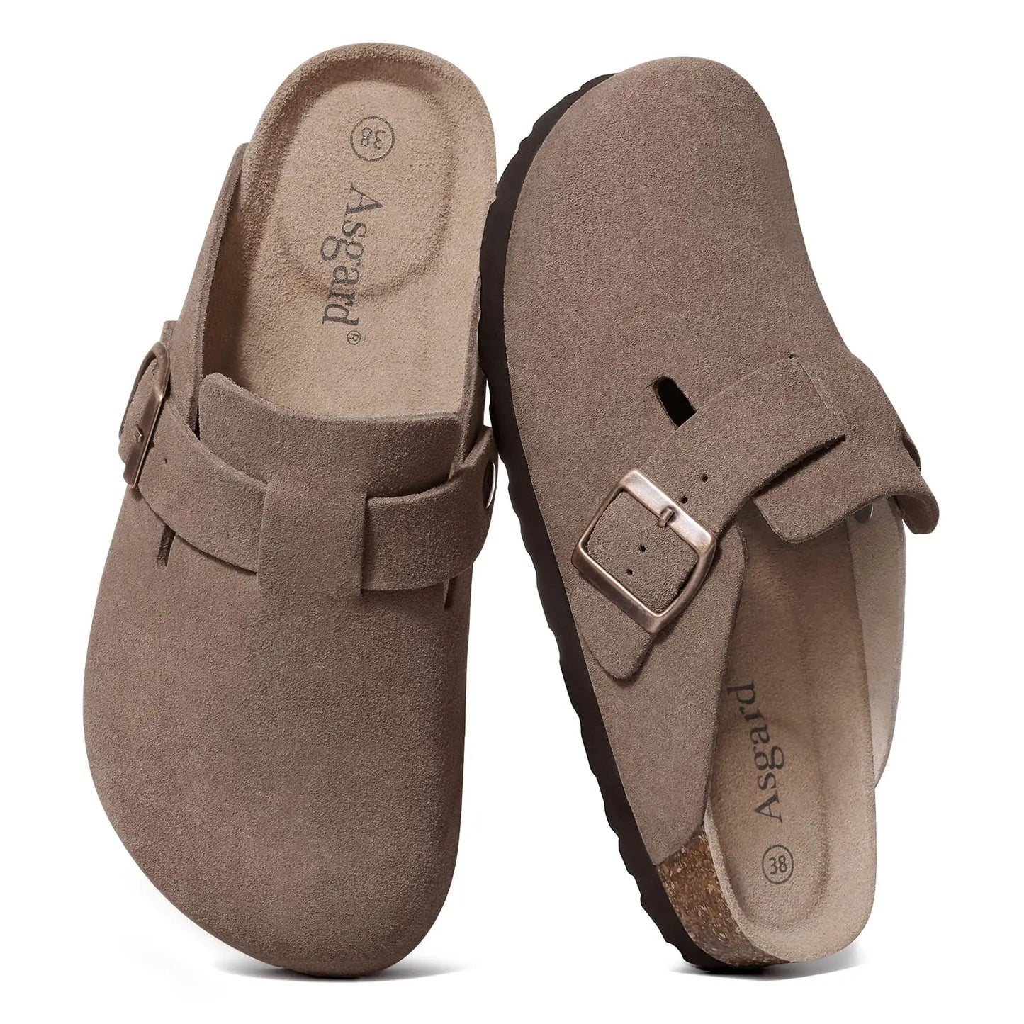 Asgard Women Suede Clogs Genuine Leather Mules Adjustable Buckle with Comfort Cork Footbed and Arch Support Aldult Potato Shoes