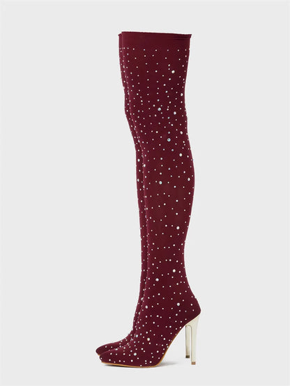 Liyke Sexy Pointed Toe Crystal Rhinestone Stretch Fabric Thigh High Boots Women Thin Heels Over The Knee Socks Shoes Size 35-43