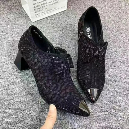 Women's Pointed Toe Sandals Luxury Breathable Mesh Bowknot Rhinestone Clear Elegant Mid-Heeled Simple Pump Shoes Mesh Sandals