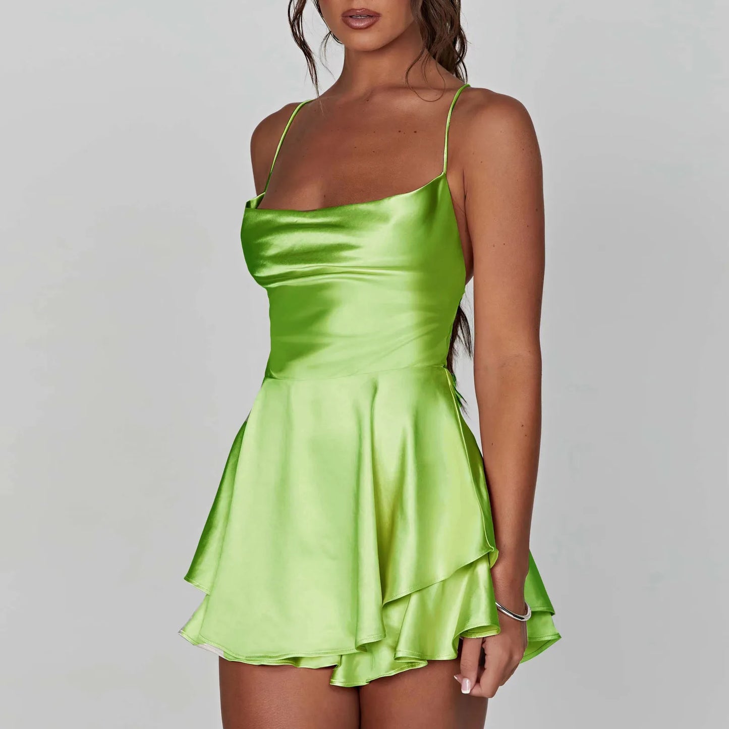 Women Sleeveless Satin Playsuits Fashion Summer Short Sling Backless Jumpsuits Cross Tie-Up Bandage Romper Streetwear Outfit