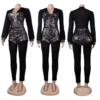 Sequined Club Pencil Jumpsuit Sexy Women V-neck Bodycon Autumn Sequins Party Overalls Romper