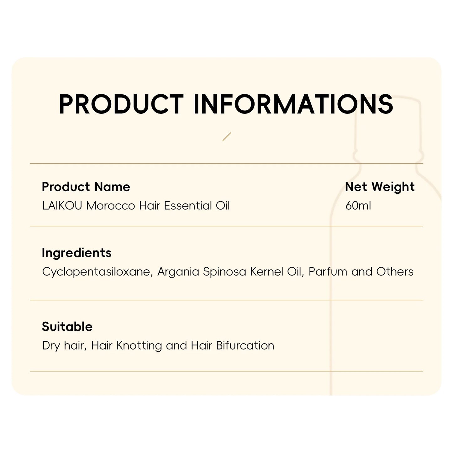 Laikou Morocco Hair Essential Oil 60ml Repair Damaged Hair Anti Frizz Nourishing Smoothing Argan Oil For All Hair Types