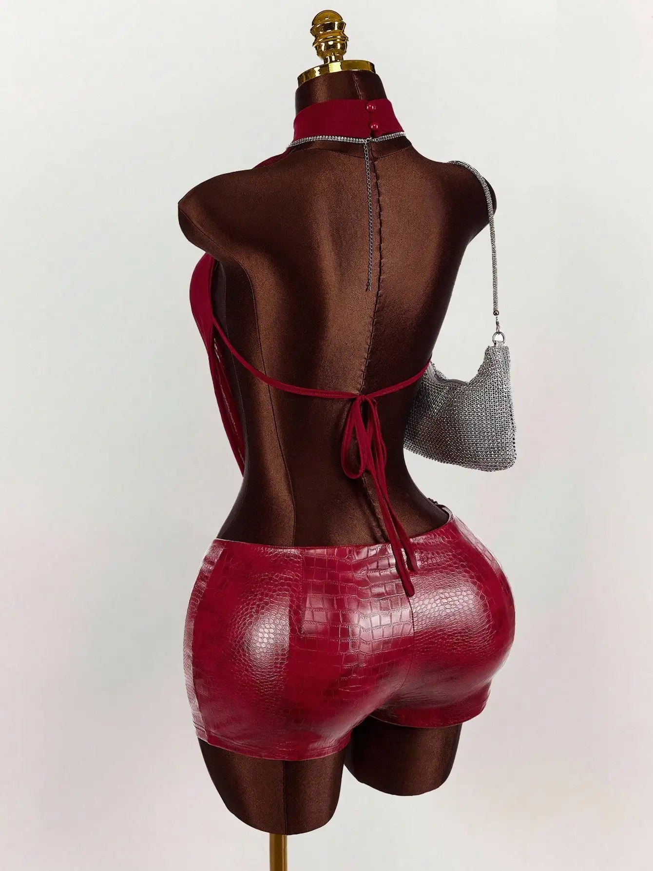 Women's Solid-Color Mesh Halter Top and Leather Jumpsuit