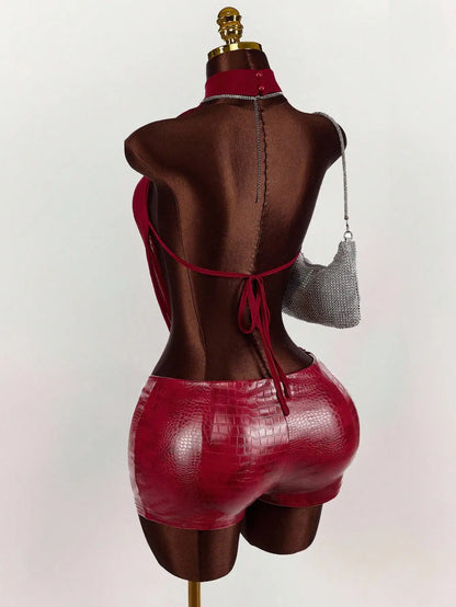 Women's Solid-Color Mesh Halter Top and Leather Jumpsuit