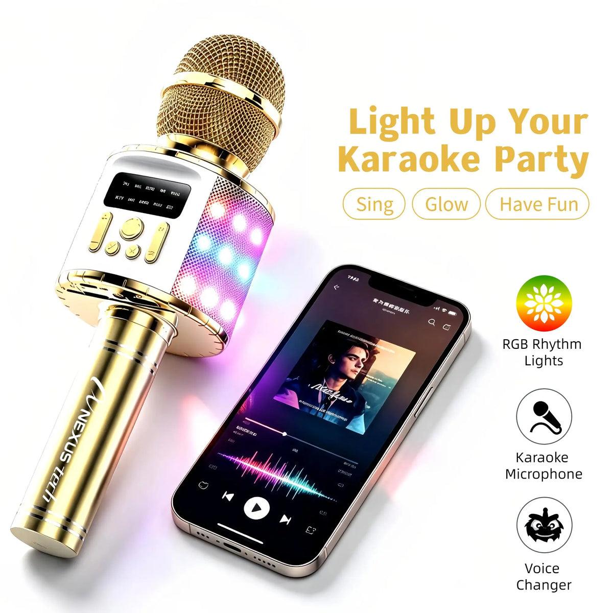 Wireless Karaoke Microphone Speaker with Voice Changer, 5 Funny Effects, RGB Light, 4 Sound Modes, Bluetooth AUX TF, Family Party KTV Singing