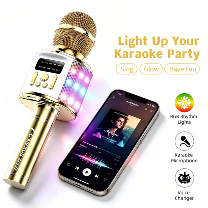 Wireless Karaoke Microphone Speaker with Voice Changer, 5 Funny Effects, RGB Light, 4 Sound Modes, Bluetooth AUX TF, Family Party KTV Singing