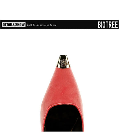 Women Peach Pink Velvet Metal Capped Pointed Toe Pumps Gold Trapezoid Thin High Heels Gentle Retro Luxury Date Banquet Ladies