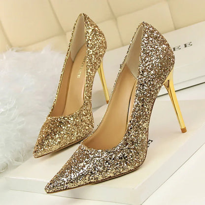 Women Luxury Bling Red  Blue Valentine Party Scarpins Pumps Lady Glitter Sequins 7cm 9.5cm High Heels Designer Shoes Plus Size