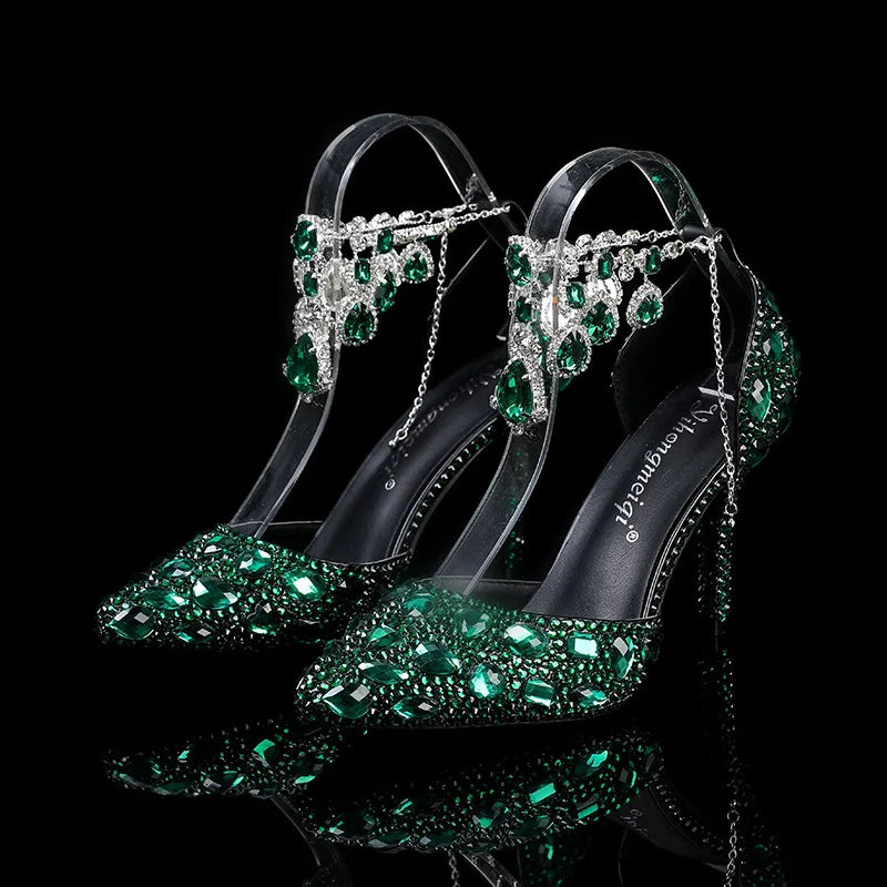 2024 Autumn Slim Heels Shallow Mouth Luxury Blue Water Diamond Pearl Women Single Shoes 9CM Wedding Party Shoes Sandalias Mujer