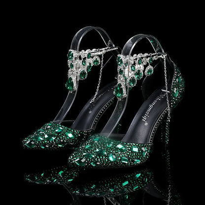 2024 Autumn Slim Heels Shallow Mouth Luxury Blue Water Diamond Pearl Women Single Shoes 9CM Wedding Party Shoes Sandalias Mujer