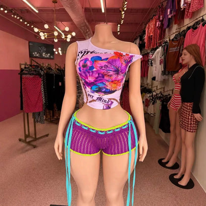 Chic Floral Print One Shoulder Two Piece Set for Women, Cropped Top + Knit Drawstring Hot Shorts, Daily Street & Resort Outfit
