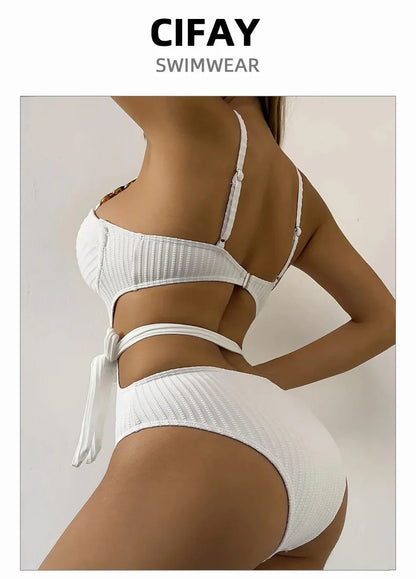 2026 Solid Color Wavy Fabric Bikini Set Cover Up Swimsuit For Women Push Up Ruffle One Pieces Swimwear Beach Bathing Suits
