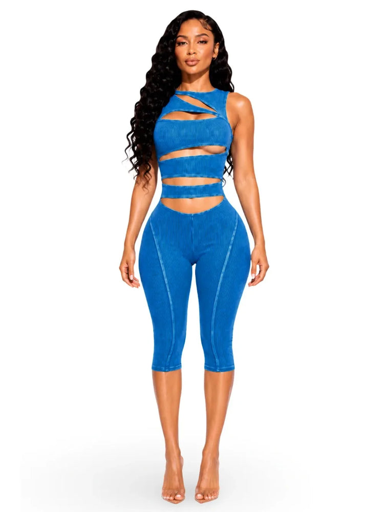 FLARORA Fashion Ribber Knitted Capri Jumpsuits Woman Sexy Hollow Out O-neck Sleeveless Zipper Skinny Playsuits Hottie Streetwear