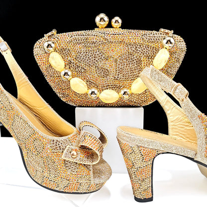 Nigerian Fashion Design Girly Style Party Shoes And Bag Sexy High Heels And Full Diamond Dual Purpose Mini Bag Women's Shoes